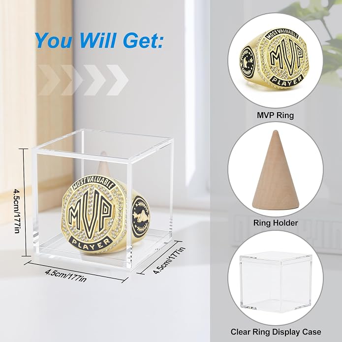 1-12 Pack MVP Football Baseball Basketball Soccer Champion Ring Championship Rings Most Valuable Player Football Baseball Basketball Soccer Gold Award Trophy Medals Ring with Display Case and Holder