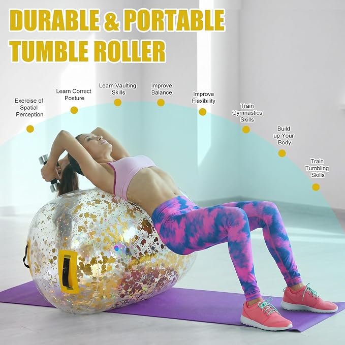 Gemscream Gymnastics Barrel Inflatable Air Roller Mat 40" x 24" Glitter Tumbling Air Barrel Gymnastic Cylinder Tumble Equipment for Back Handspring Trainer Cheerleading Yoga Home Use