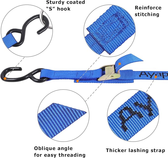 Ayaport Cam Buckle Tie Down Straps 10 feet 2200lbs Break Strength Blue Securing Straps with S Hooks for Motorcycle, Kayak, Car, Truck, Dirt Bike