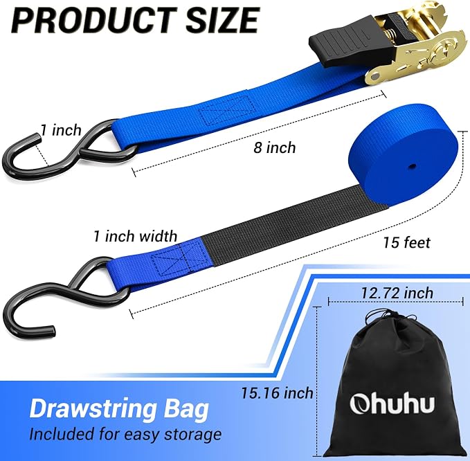 Ratchet Tie Down Strap 8-Pack 15 Ft - 500 lbs Load Cap with 1500 lbs Breaking Limit, Ohuhu Ratchet Tie Downs Logistic Cargo Straps for Moving Appliances Motorcycle Blue