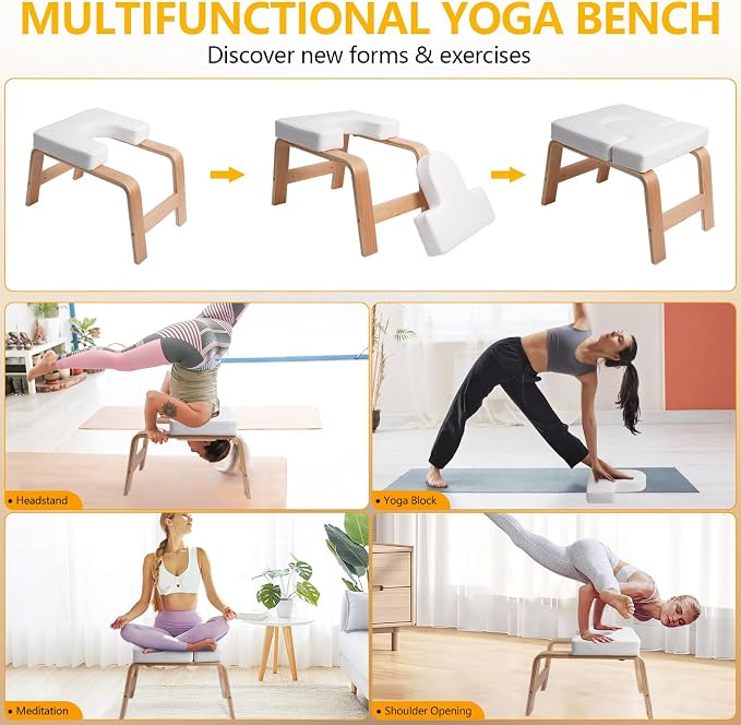 Yoga Headstand Bench, Yoga Inversion Chair, Headstand Trainer with Wood Frame and Pu Pad,Stand Yoga Chair Stress Relief, Balance Training, Body Shaping, Load Capacity 300 Pounds