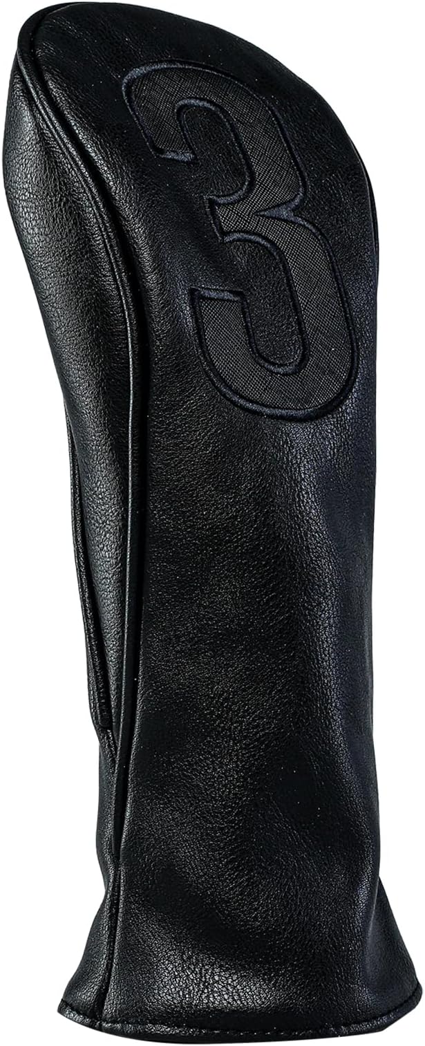 Golf Club Covers – Blackout Leather Driver Headcover, Fairway Wood, 3 Wood, Hybrid, Fits Mallet Blade Putter Head Covers Alignment Stick Cover