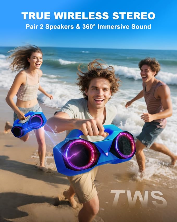 OZJ Bluetooth Speaker Outdoor Loud: 80W(Peak) with Bass, Portable Wireless Speaker with IPX7 Waterproof, 20H Playtime, RGB Lights, TWS for Outside, Beach, Work (Blue)