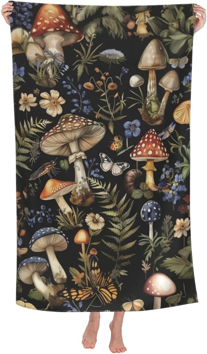 Mushroom Beach Towel, 32x52in Microfiber Quick Dry Enchanted Forest Wildflower Fern Butterfly Bath Towels, Soft Lightweight Oversized Sand Free, for Travel Pool Swimming Gym Decor, Gifts