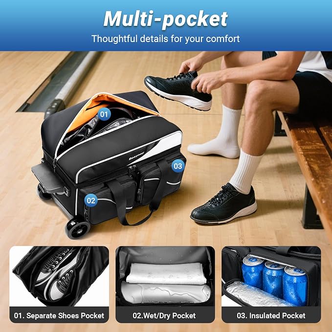 Bosynoy 3 Ball Bowling Bags with Wheels, Single Ball Tote+2 Ball Bowling Bag with Shoe Compartment (Up to US Men Size 16), Bowling Ball Bag 3 Ball Roller with Insulated Pockets, Black