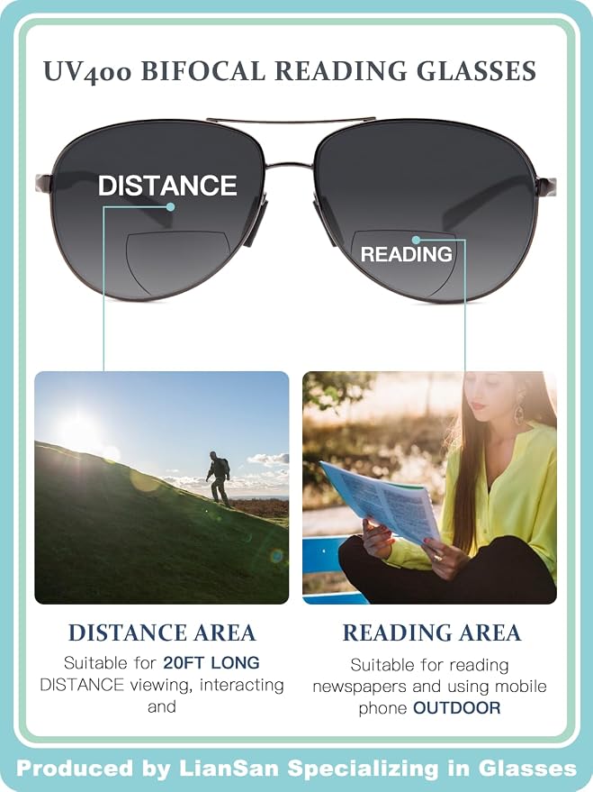 LianSan Premium Aviator Bifocal Reading Sunglasses for Men Women Retro Top Clear Sun Readers UV Protection