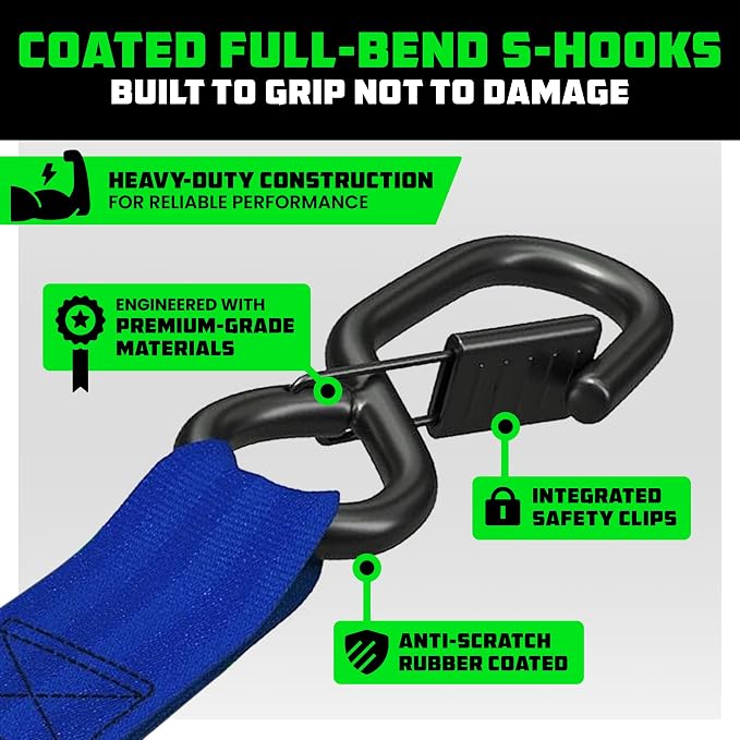 Rhino USA Ratchet Straps Heavy Duty Kit (4-Pack) - 1.6 Inch x 8 Feet Min Break Strength (5,000) - Ultimate Tie Down Straps with Safety S Hooks for Trucks, ATV, UTV, Motorcycle, Cargo & More - Blue