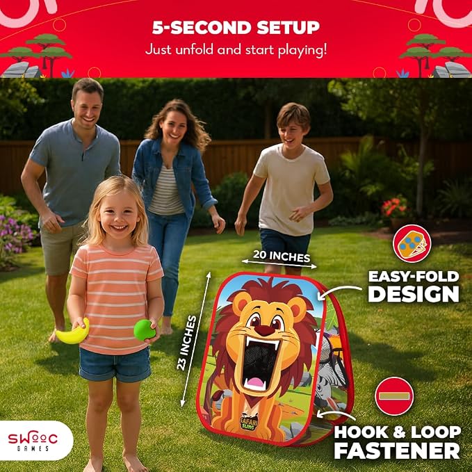 Swooc Games® - Safari Sling | 2-in-1 Bean Bag Toss Game for Kids | 5-Second Setup Kids Cornhole Game Set | Outdoor Toddler Activities | Backyard Party Games | Corn Hole Set Toddler Bean Bag Toss