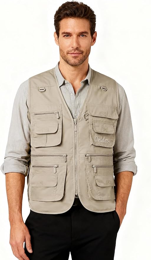 Flygo Men's Fishing Vest Utility Lightweight Outdoor Travel Safari Photo Cargo Vest with 16 Pockets