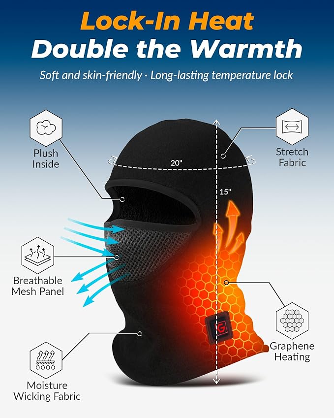 Graphene Heated Balaclava Neck Gaiter Gifts for Men Women Warm Cold Winter Gift for Ski Snowboard Motorcycle