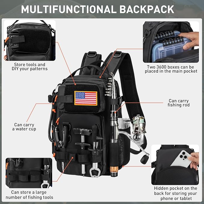 THKFISH Fishing Backpack with Rod Holder, Fishing Tool Kit, Water-Resistant Bag With Fishing Lures Kit, Fishing Tackle Box and Pliers Set for Men Women (Black-87pcs)