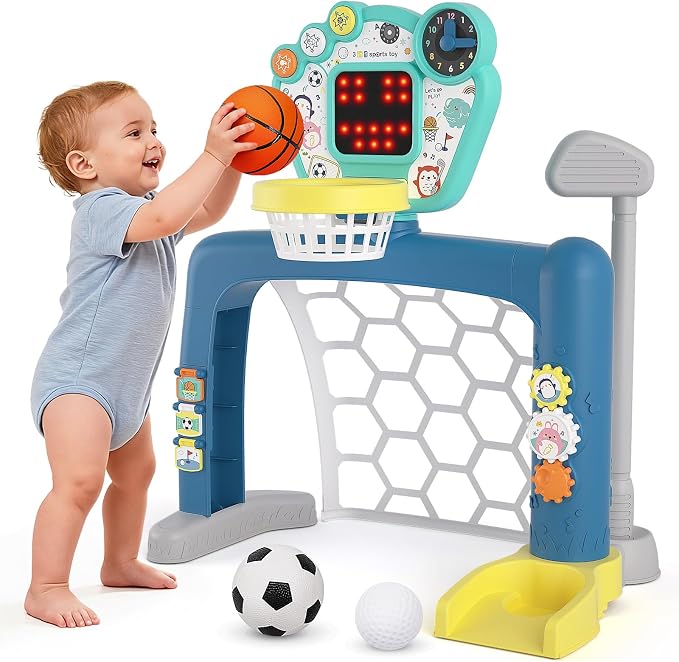 AIGIMU Toddler Sports Toys, 3-in-1 Toddler Basketball Hoop Soccer Golf Activity Center, Basketball Hoop for Kids 1-3,1 2 3 Year Old Boys Girls Toy, Montessori Toys for Toddlers & Baby