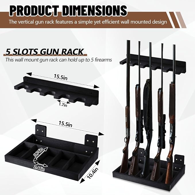 GlikCeil 1 Set Wooden Vertical Gun Rack Wall Mount Indoor Hold up to 5 Long Guns Shotguns Rifle Racks Display Holder Stand for Firearms Display Storage Home Accessories Office