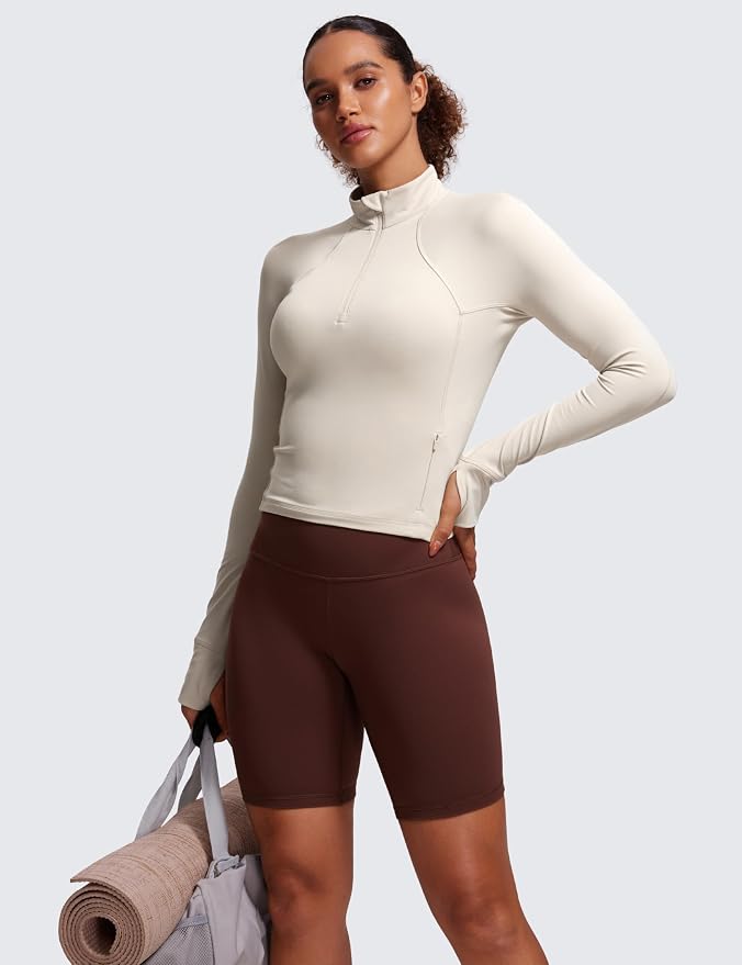 CRZ YOGA Butterluxe Half Zip Long Sleeve Shirts for Women - Workout Athletic Yoga Tops Crop Collared Quarter Zipper T-Shirt