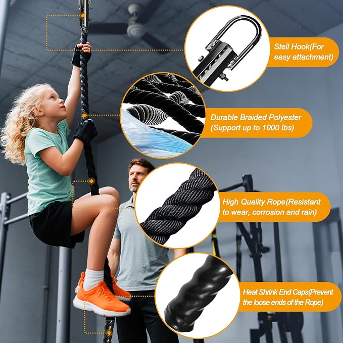 Climbing Rope Gym Workout - 1.5 Inch Dia 10FT 15FT 20FT 25FT 30FT 35FT 40FT 50FT Heavy Duty Work Out Rope Exercise Climbing Ropes for Adults Kids Fitness & Strength Training Outdoor & Indoor - Black