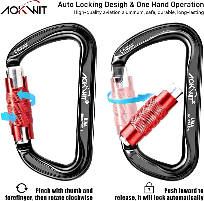 30KN Auto Locking Carabiner Clip Twist Lock UIAA Certified Large Climbing Carabiner Heavy Duty Carabiner for Rock Tree Climbing Rappelling Mountaineering Caving Rescue Arborist Aerial Yoga