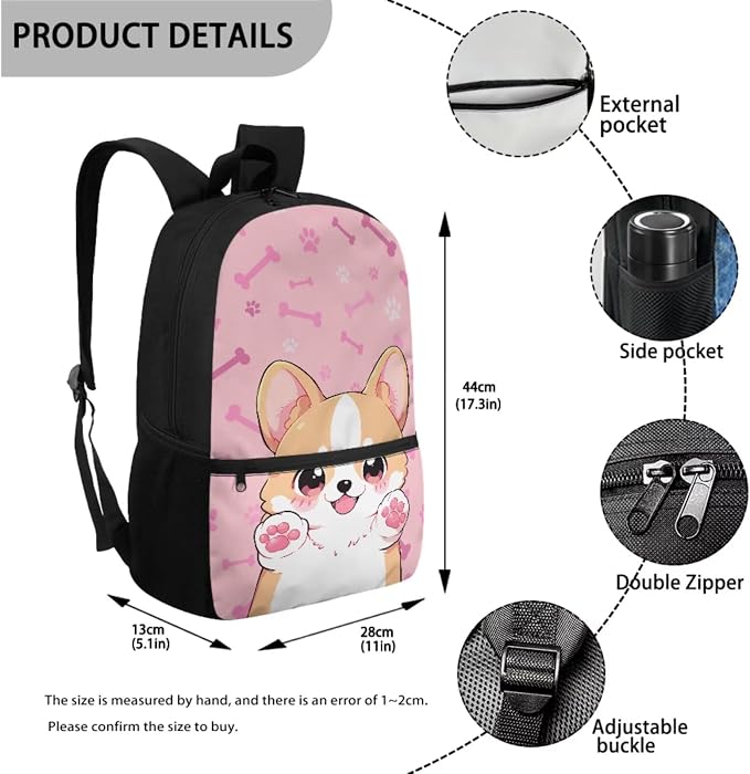 Kids School Bag Cute Corgi Dog Backpack for Girls Bookbag with Lunch Bag Pencil Case Water Bottle Holder 4PCS School Supplies Back to School Accessories