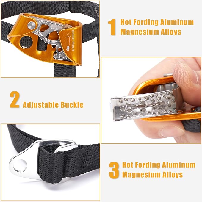 Foot Ascender, Outdoor Rock Climbing Tree Arborist, Mountaineering Rappelling Equipment Climbing Device for 8-13mm Rope（Left Black+Right Orange）