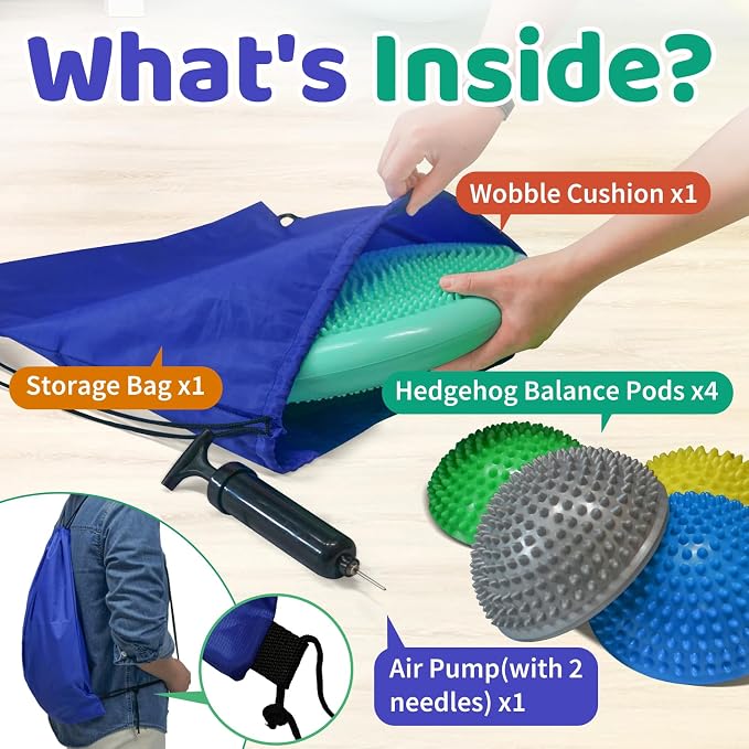 Wobble Cushion Set for Sensory Kids and Balance Training - Disc Plus 4 Pods, Board With Pump, Inflatable Stepping Pads for Adults