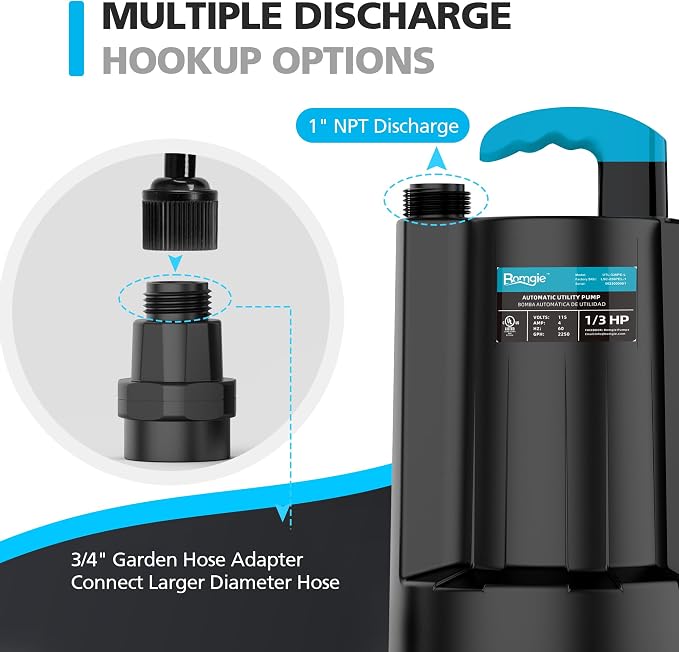 Automatic Water Pump, 2250GPH Sump Pump Submersible Basement Portable Electric Utility Water Pump Removal for Pool Draining Basement Hot Tubs Garden Pool Cover Pond, Deep Black
