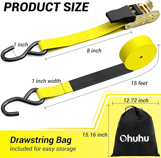 Ratchet Tie Down Strap 15 Ft - 500 lbs Load Cap with 1500 lbs Breaking Limit, Ohuhu Ratchet Tie Downs Logistic Cargo Straps for Moving Appliances, Motorcycle (Yellow, 8-Pack)
