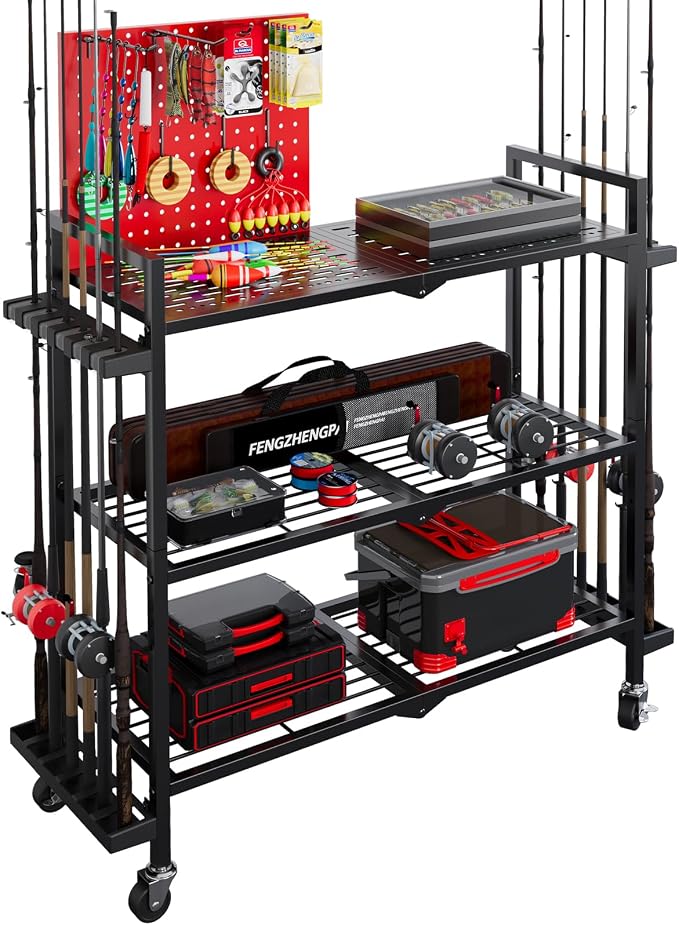 Fishing Rod Holders for Garage, Fishing Rod Stand with Wheels and Pegboard, 3-Tier Pole Storage Rack with 8 Hooks and 12 Rod Slots, Ideal for Tackle, Backpacks, and Gear Red
