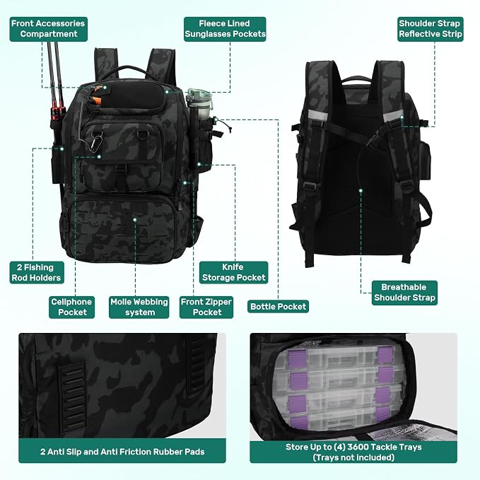 Pyrrhus 40L Fishing Backpack with Rod Holders & Insulated Cooler Compartment, Camping Cooler Tackle Storage for Anglers