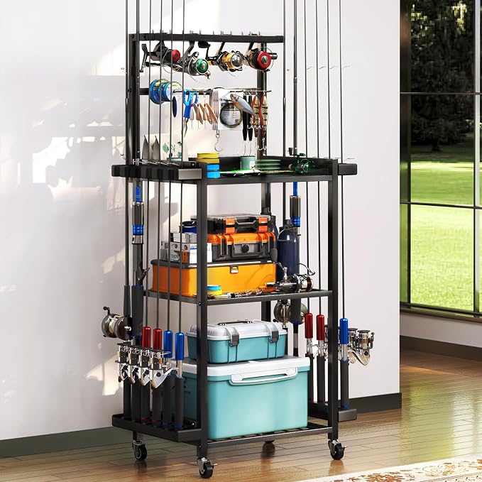 TC-HOMENY 3-Tier Fishing Rod Holder for Garage, Multifunctional Fishing Pole Rack Cart with Wheels Storage up to 12 Rods, Fishing Tackle Gear Organizer Storage rack for Room, Garage, Basement, Black