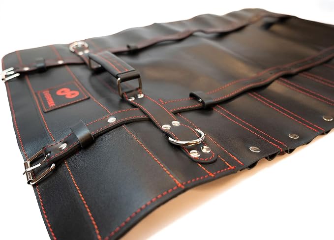 EVERPRIDE Black Leather with Gorgeous Red Trim, Professional Chef Knife Roll and Bag for Knives. Premium Leather Bag, Sturdy Construction, Luxury Collection.