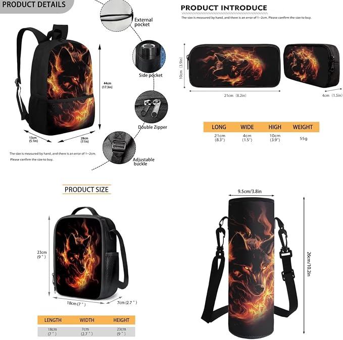 Fire Wolf School Bag Kids School Bag for Boys and Girls Backpack with Lunch Box Pencil Case Water Bottle Holder 4PCS School Accessories