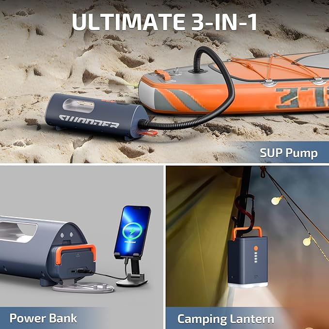 Swonder SeaFalcon Paddle Board Pump, 5200mAh Rechargeable High-Pressure Electric Air Pump with Removable Battery, Portable 3-in-1 Air Inflator with Power Bank & Camping Light