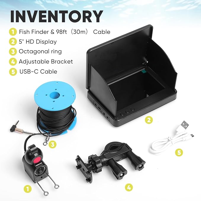 Underwater Fishing Camera with 5" IPS Monitor, 1000TVL, 178° Wide-Angle, IP68 Waterproof, 12 IR Night Vision, 98ft Cable, 8000mAh Battery—Fish Finder Video System for Ice, Lake, River & Boat