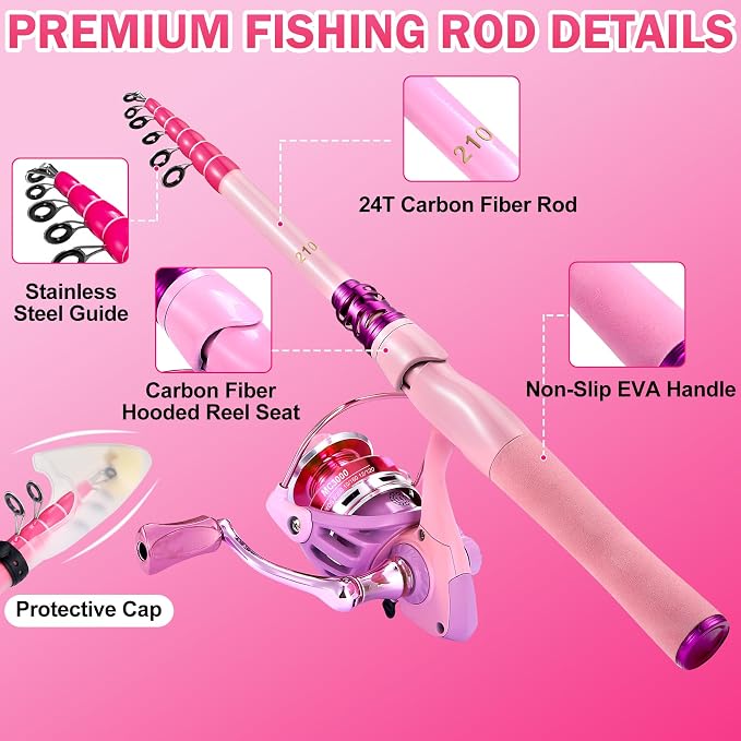 Fishing Rod and Reel Combos, Carbon Fiber Telescopic Fishing Pole Kit with Spinning Reel, Fishing Line, Fishing Lures, Travel Bag for Woman Girl Beginner Saltwater Freshwater