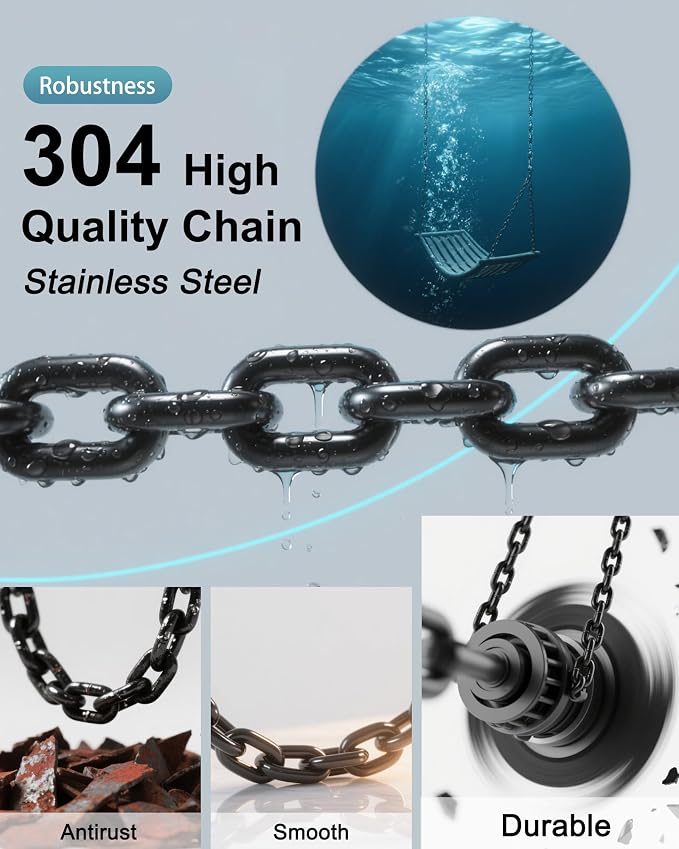 Stainless Steel Link Chain 64inch 304 Permanent Rust Chain 2 Pack with 4 Spring Snap Hooks, 1000LB Load Bearing Metal Chain Heavy Duty Safety Chain for Swing, Yoga, Hammock, sandbag Suspension