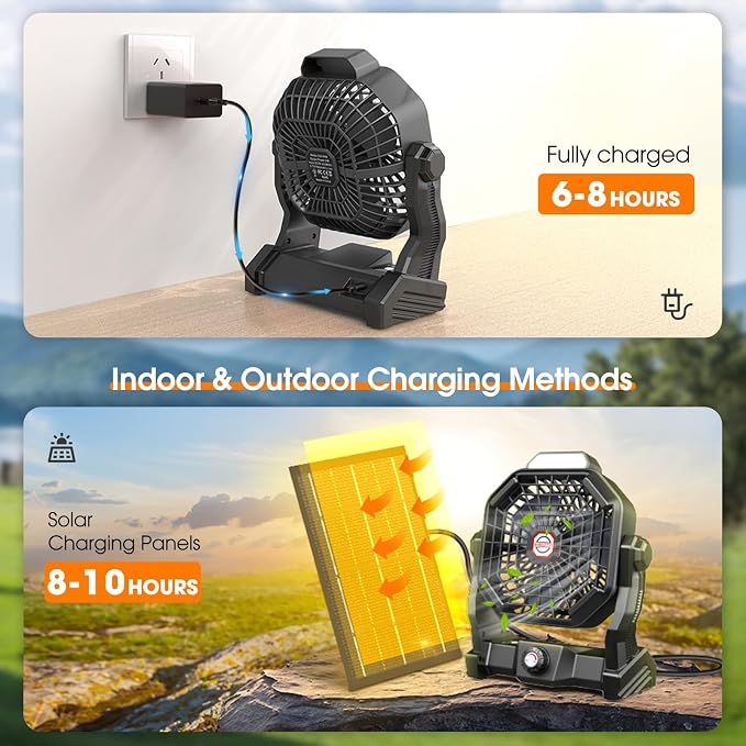Solar Powered Fan,【Max 60H Runtime】Rechargeable Solar Camping Fans & Led Lantern,8-inch Portable Fan with Solar Panel,Battery Operated Powered Outdoor Tent Fans for Camping Essentials Accessories