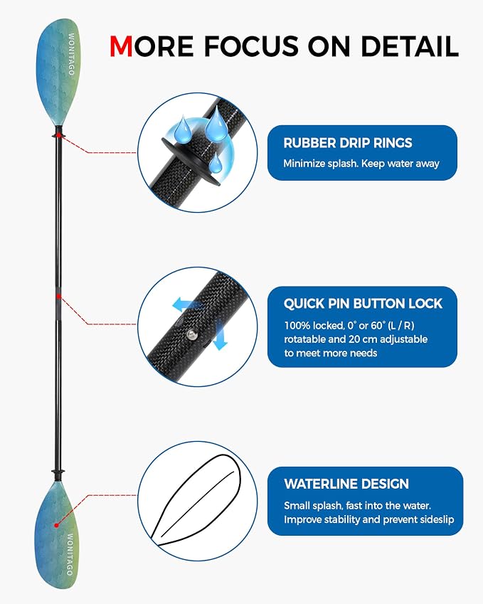 Kayak Paddle Carbon Fiber Shaft and Reinforced Nylon Blade, Adjustable Kayaking Oars, 3 Piece, 230-250 cm/90-98 Inches,210-230 cm/82-90 inches