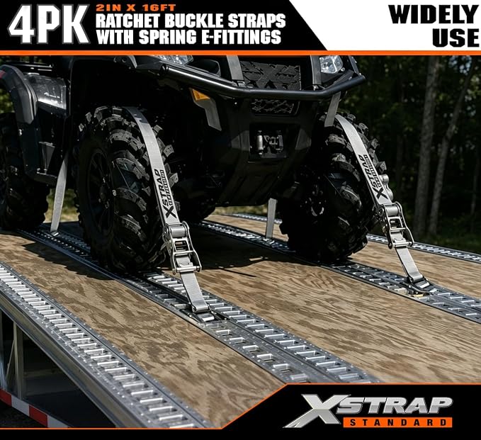 XSTRAP STANDARD E-Track Ratchet Straps, 4 Pack 2" x16' Heavy Duty Cargo Tie-Downs, 4400LBS Breaking Strength, Standard E Track Fitting Tie Down Ratcheting Strap for Cargo Vans, Trucks, Trailers (Grey)