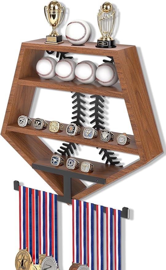 Baseball Ring Holder, Baseball Display Shelf, Soild Wood, Wall Mount Baseball Ring Holder for Balls, Trophy, Medals, and Memorabilia, Walnut Color