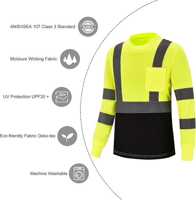 A-SAFETY Safety Shirt,High Visibility Work T Shirt Long Short Sleeve Class 3 (XS-6XL)