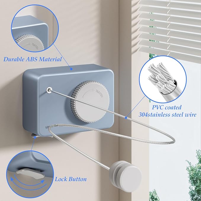 Danpoo Retractable Clothesline Heavy Duty - 13.8ft Adjustable Tension Wall Mounted Indoor Outdoor Clothes Drying Line, Compact Laundry Rope with Pulley System (Blue)