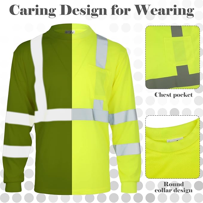 Amylove 4 Pcs Long Sleeve Safety Shirt High Visibility Reflective Construction Work Shirts for Men Women(XL,Yellow)
