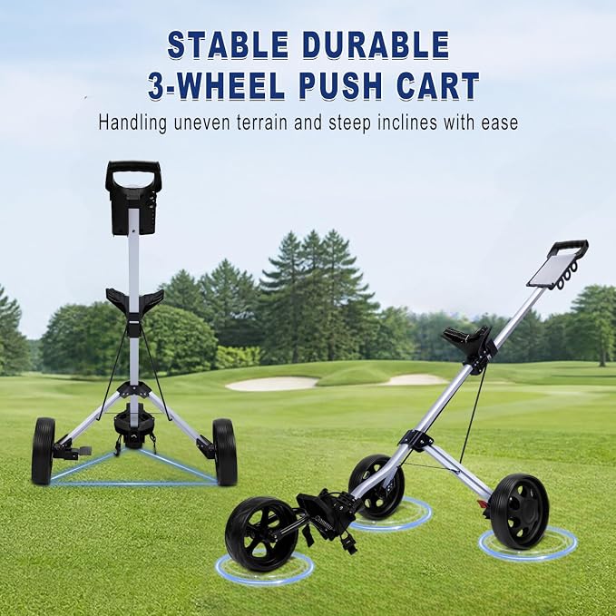 PGM Foldable Golf Push Pull Cart for Stable and Durable with Foot Brake, Lightweight Walking Cart with 3 or 4 Wheels for Courses and Players