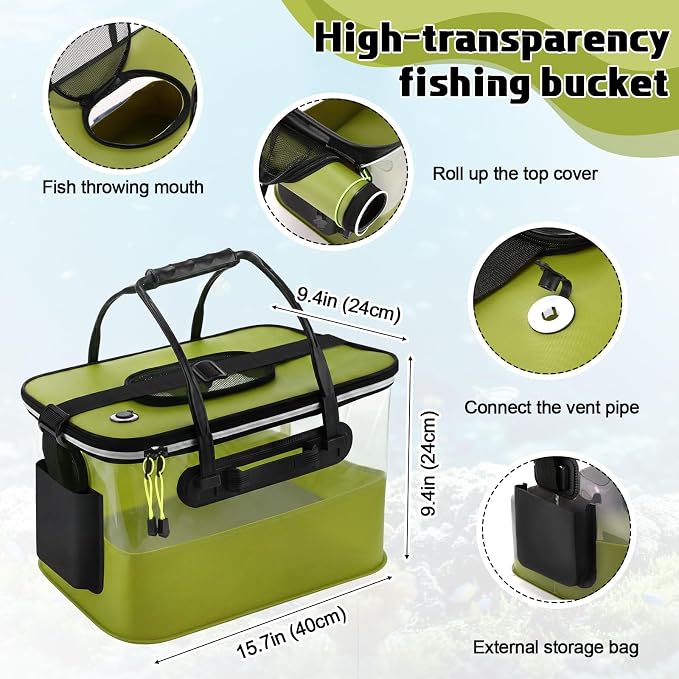 3 Pcs Fishing Bucket, Live Bait Aerator and Fishing Cast Net with Heavy Duty Sinker Foldable Live Bait Bucket Portable Quiet Aerator Fish Transport Container Outdoor EVA Bag