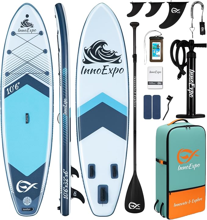 InnoExpo Inflatable Stand Up Paddle Boards with Premium Accessories, Wide Stable SUP Paddle Board Design, Non-Slip Comfort Deck for Youth & Adults