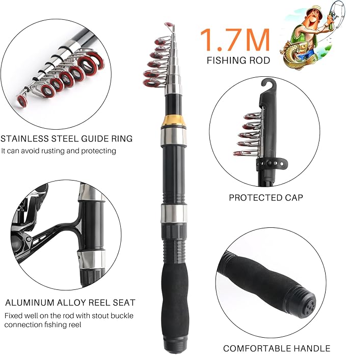 Fishing Rod Reel Full Kit Portable Travel Spinning Pole Reel Lure Carry Bag | Beginner Telescopic Fishing Rod Set 5.58FT/6.89FT Ultralight Pole Accessories Kit for Youth Adults Saltwater Freshwater