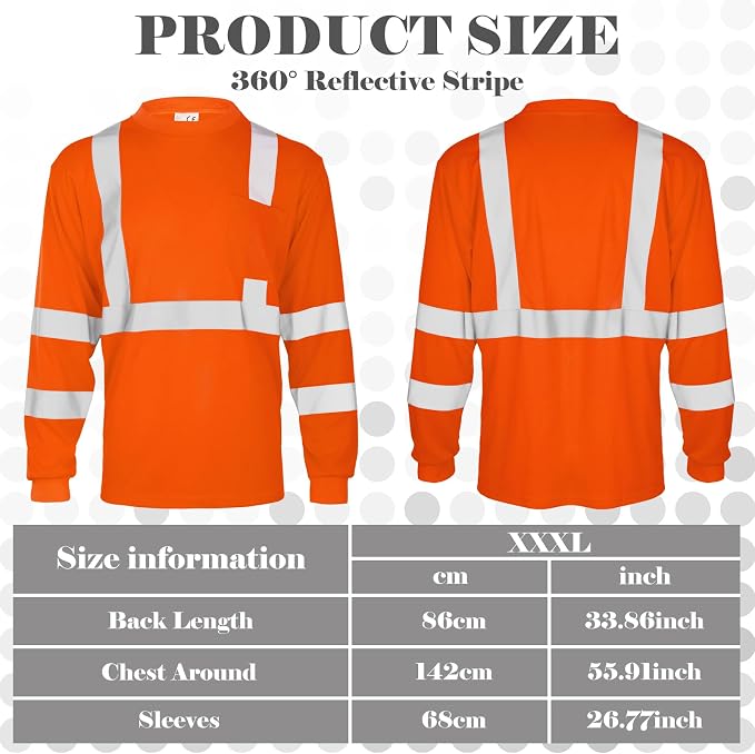 Amylove 4 Pcs Long Sleeve Safety Shirt High Visibility Reflective Construction Work Shirts for Men Women(XXXL,Orange)
