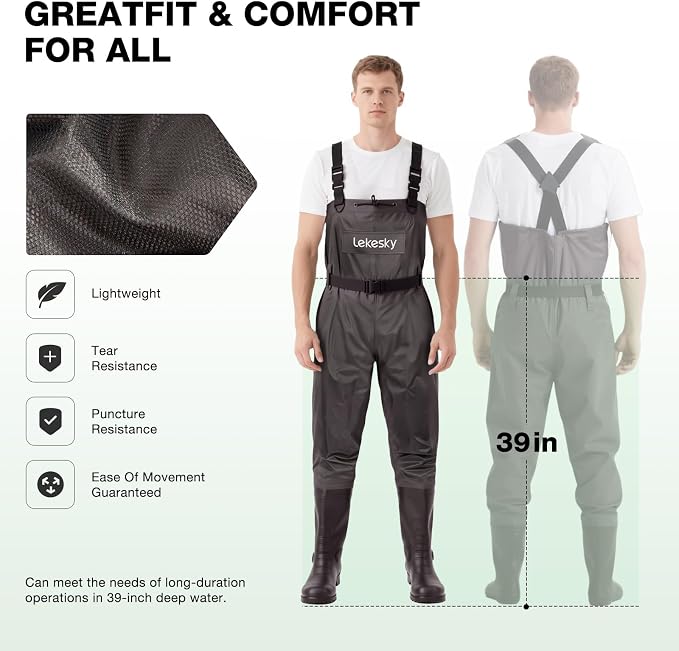 Lekesky Fly Fishing Chest Waders with Boots for Men Women, US Sizes 5–14,2-Ply Nylon/Pvc Waterproof Waders