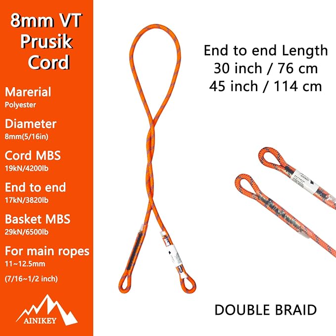 8mm (5/16") Prusik Swen Eye-to-Eye Pre-Sewn 30 inch / 45 inch Climbing Utility Cord Multipurpose for Outdoor Climbing Arborist Mountaineering Rope Orange | 45 inch | Pack of 3