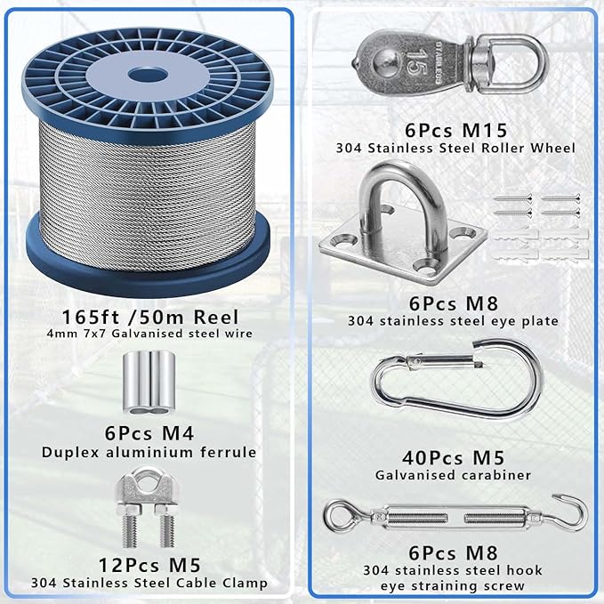 Heavy Duty Batting Cage Netting Wire Tension Kit Inflatable Batting Cage Cable Kit Net Hanging Kits Batting Cage Frame Kit for Home Backyard Outdoor Baseball and Softball Batting Cage