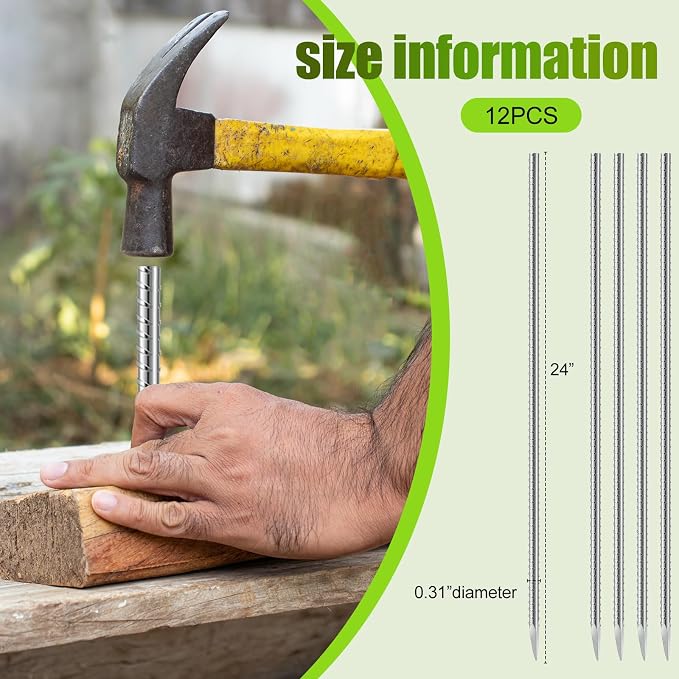 Gisafai 12 Pcs 24 Inch Ground Rebar Stakes Metal Heavy Duty Stakes Ground Landscape Anchors Spike Garden Stake Edging Spikes Plant Support with Chisel Point End for Concrete Timber Garden Tent Camping